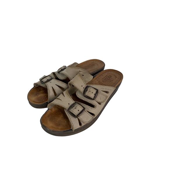Fly Flot Womens Beige Leather Slide Sandals With Double Strap Buckle Design 6.5 - Picture 1 of 9